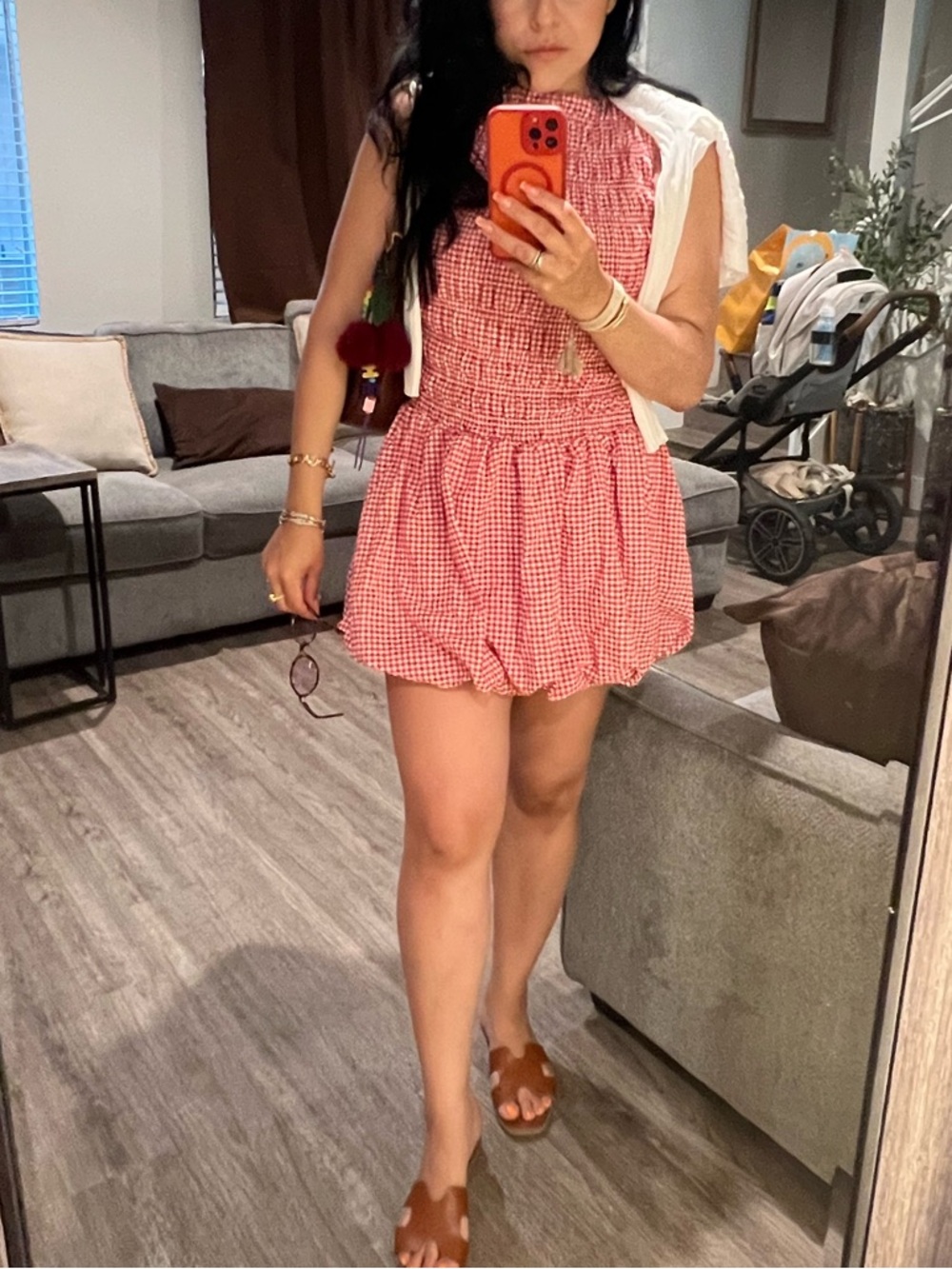 SHEIN Red Gingham Smocked Sleeveless Mini Dress